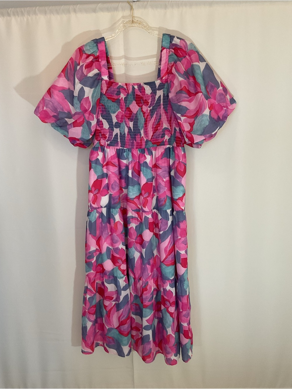 THML Floral Pink Puff-Sleeve Smocked Maxi Midi Dress size M